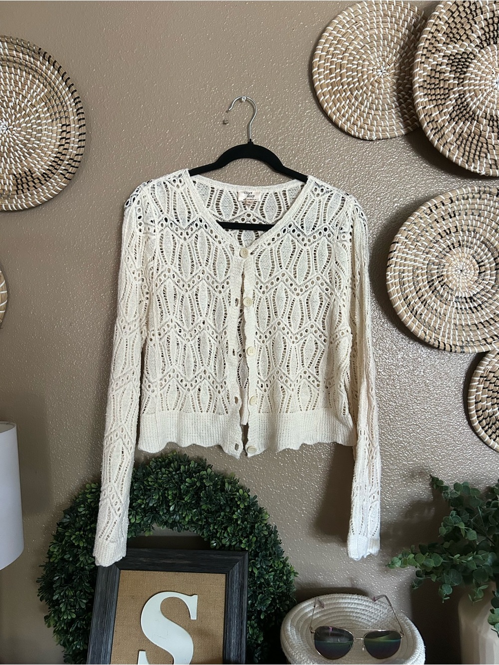 Open-Knit Cream Button Front Cardigan Sweater